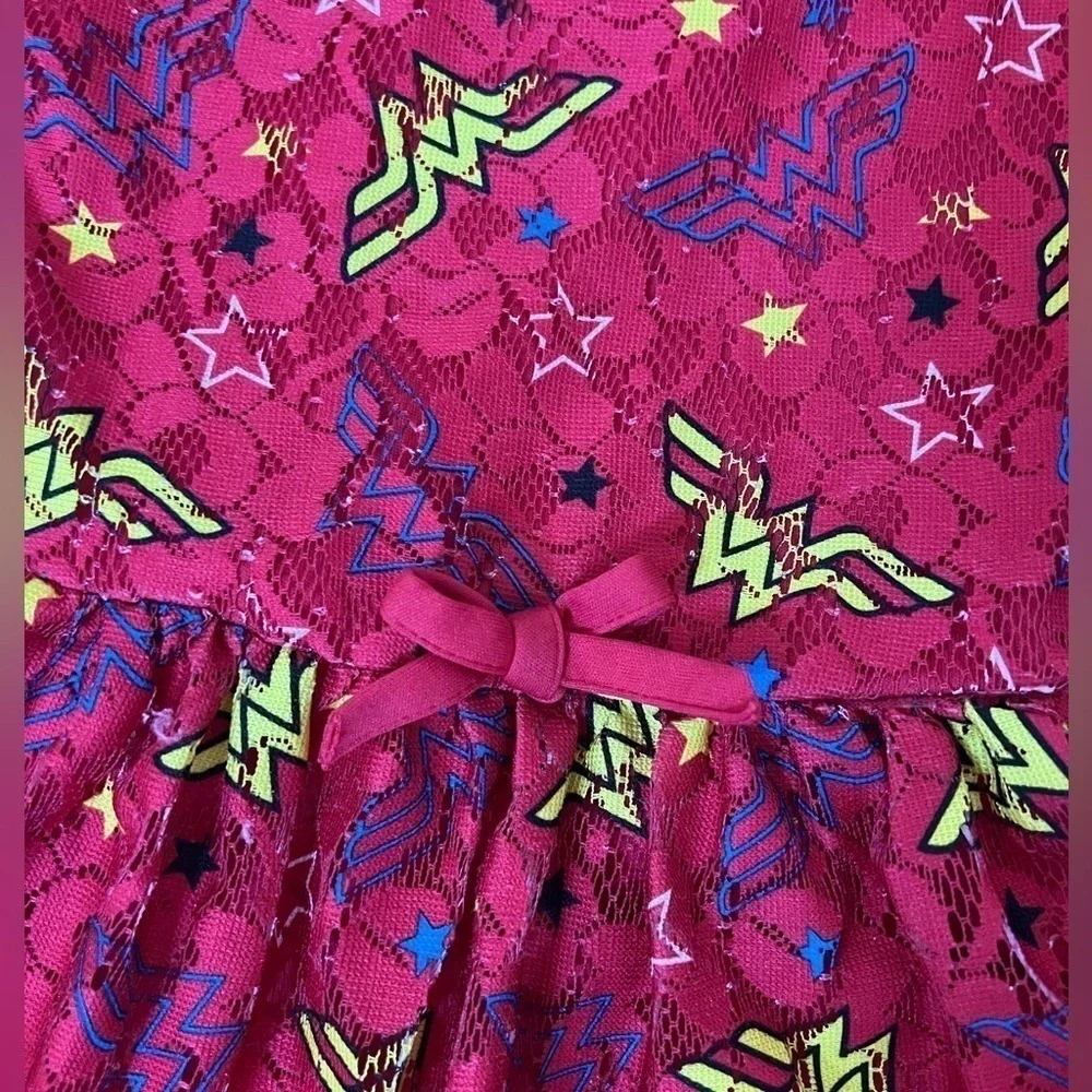 Dress Wonder Woman superhero red with WW logo lined top layer lace 4T/5T
